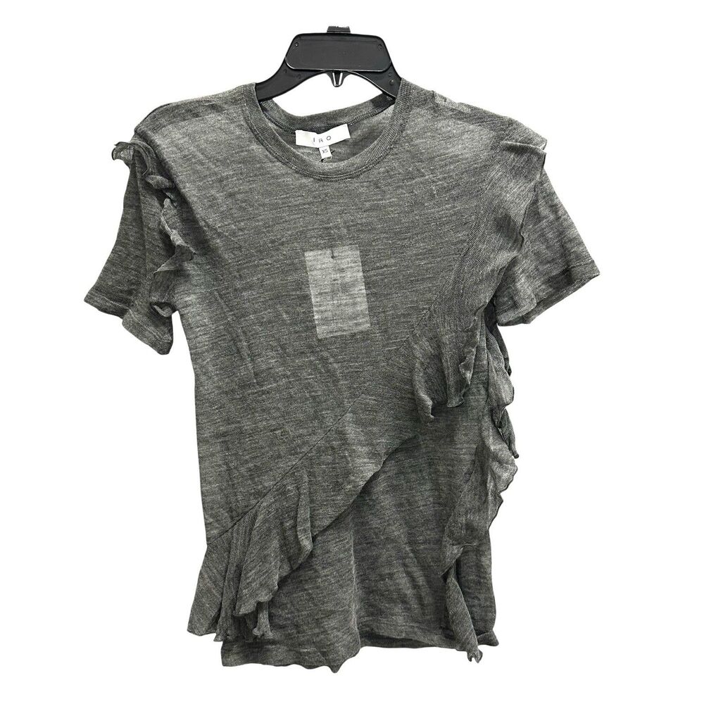 IRO VENWOOD Wool Knit Top Tee Ruffle Stretch Sheer 100% Merino Gray Size XS NWT